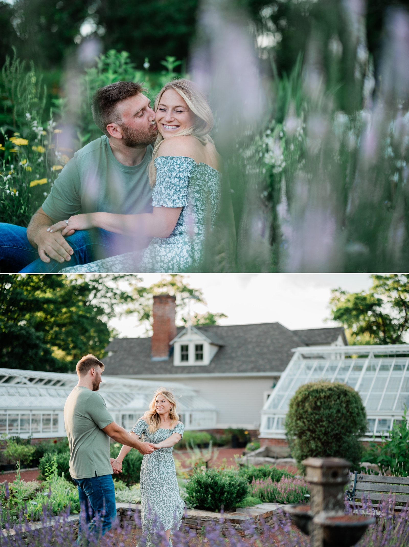 A couple explores the greenhouses during their engagement session at Elizabeth Park