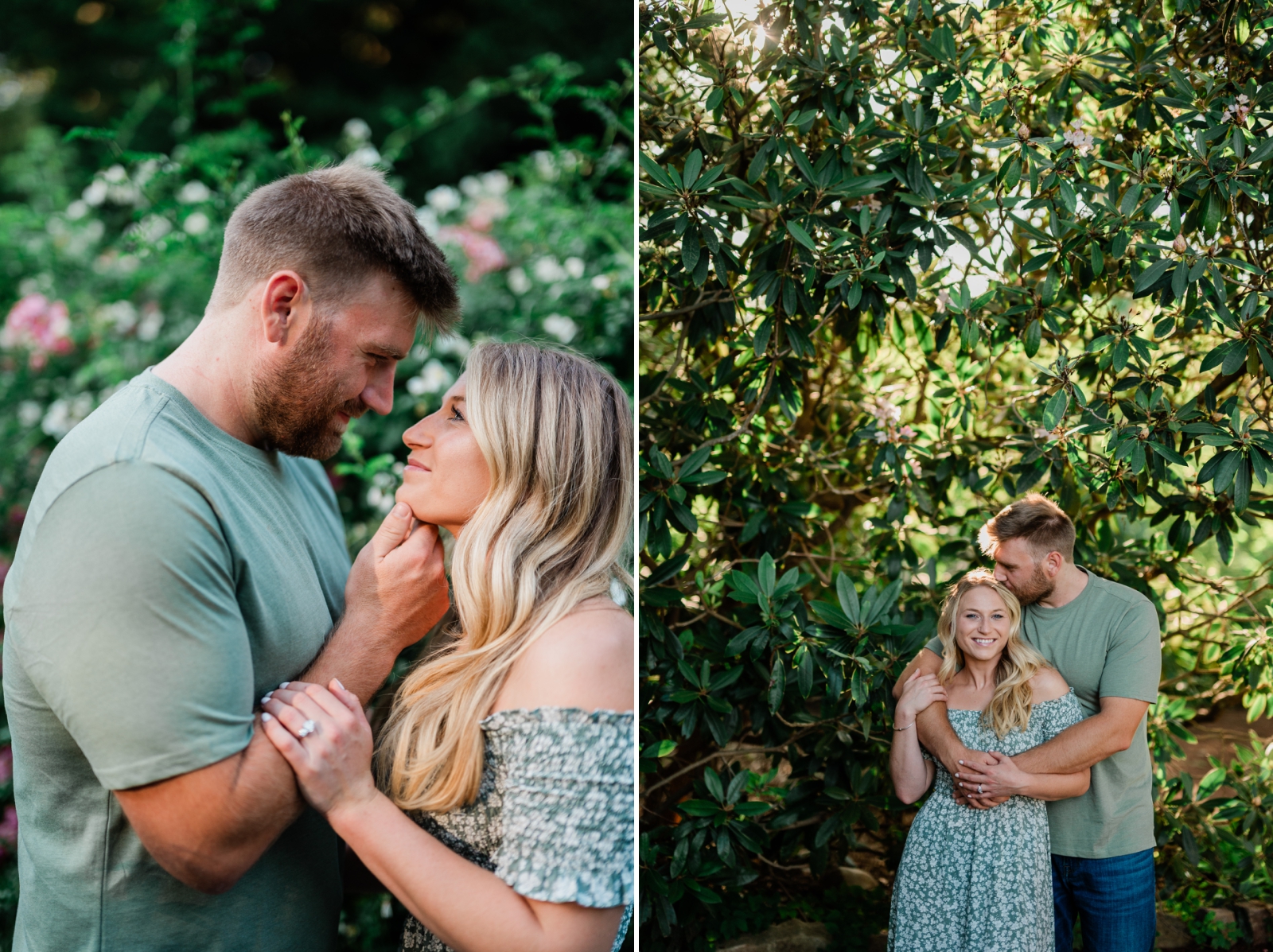 A couple wearing sage green poses for a CT Engagement Photographer at Elizabeth Park