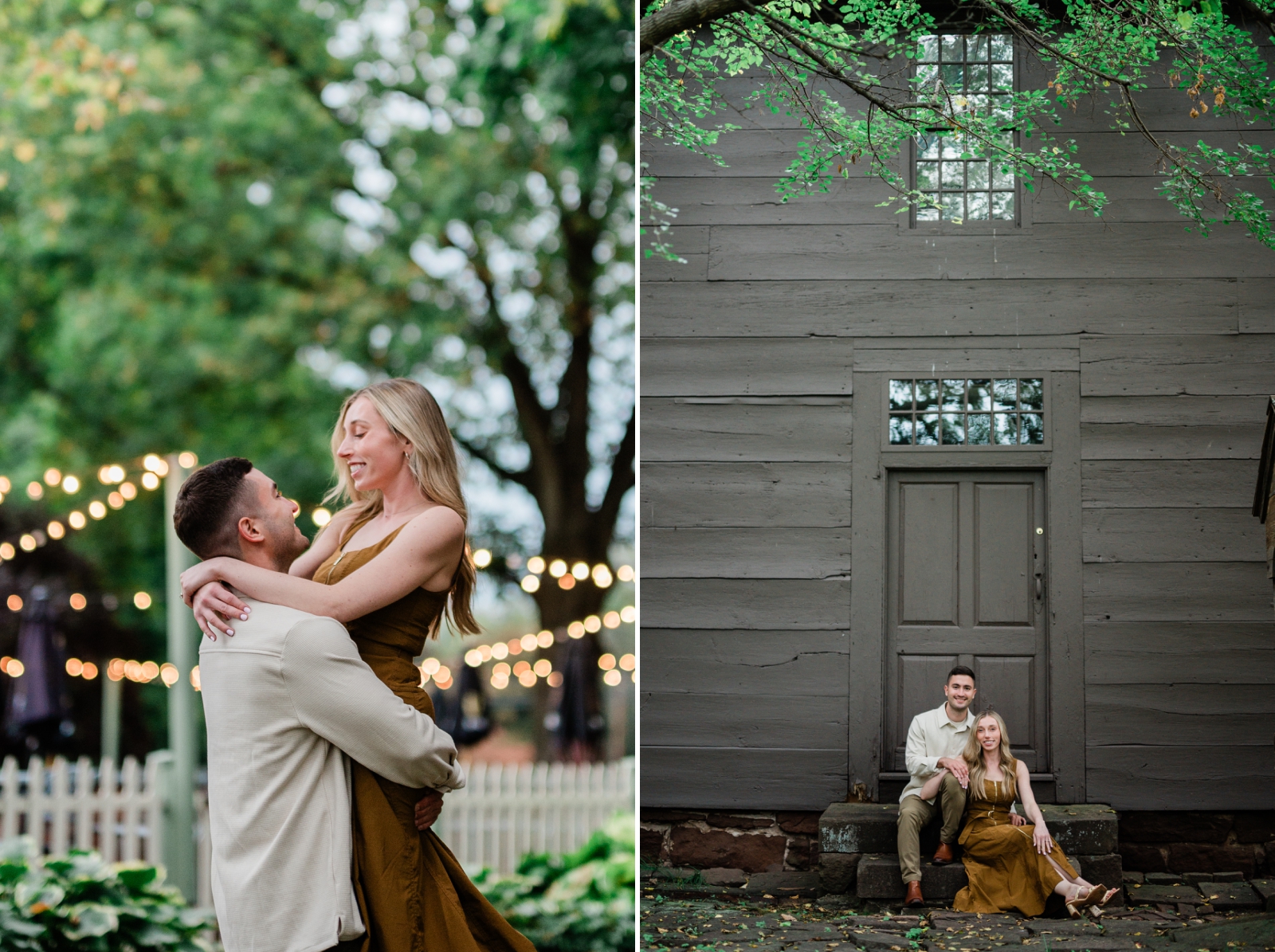 A young woman in a brown dress gets lifted up by a man in a beige collared shirt during their engagement session in Old Weatherford