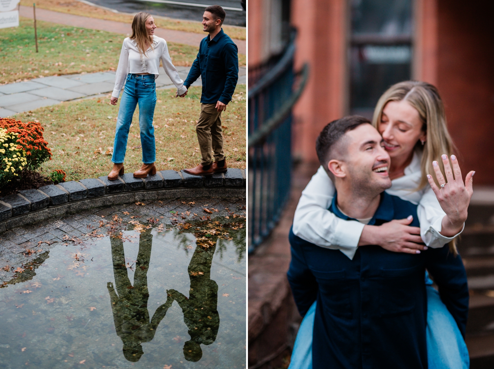 A couple walks around a fountain in Old Weatherford, CT
