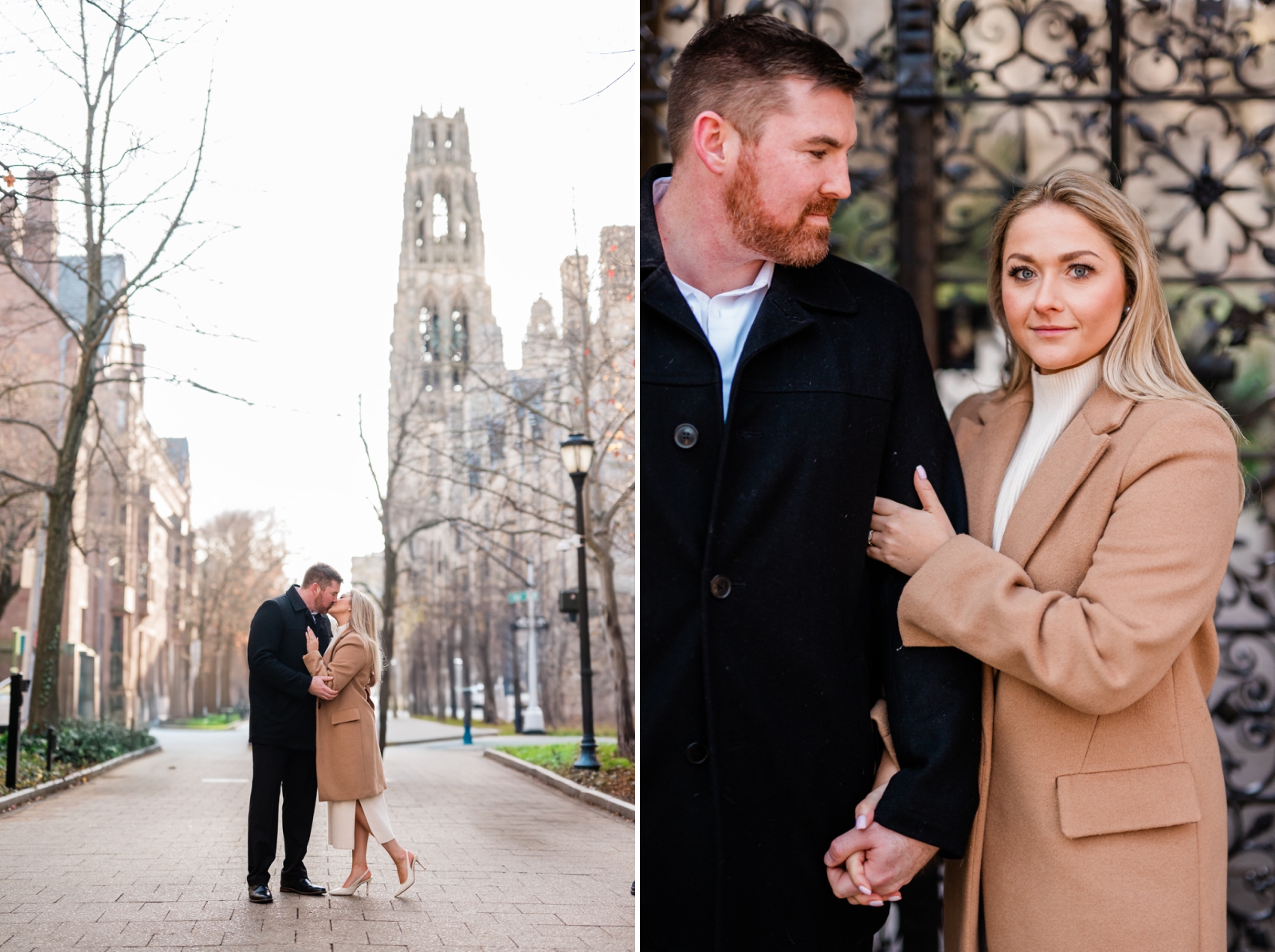 An engaged couple stands in the street with a view of Yale University's bell tower in the background