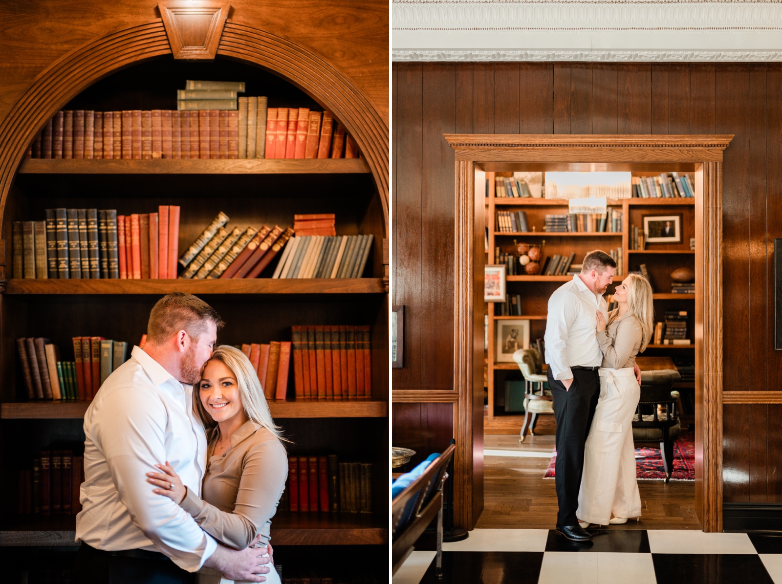 A CT Engagement photographer captures an engaged couple in a Yale University library 