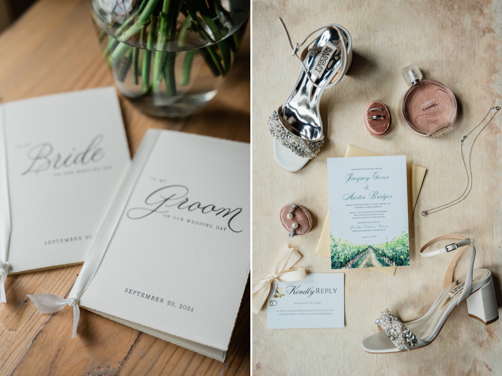 A flatlay of wedding invitations with a bride's silver shoes and jewelry
