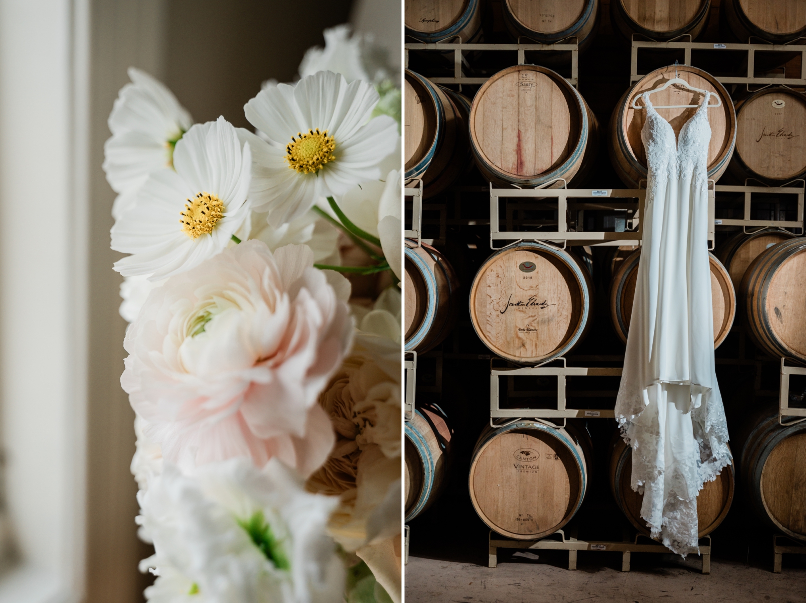 A wedding dress hangs in the Barrel Room at Jonathan Edwards Winery