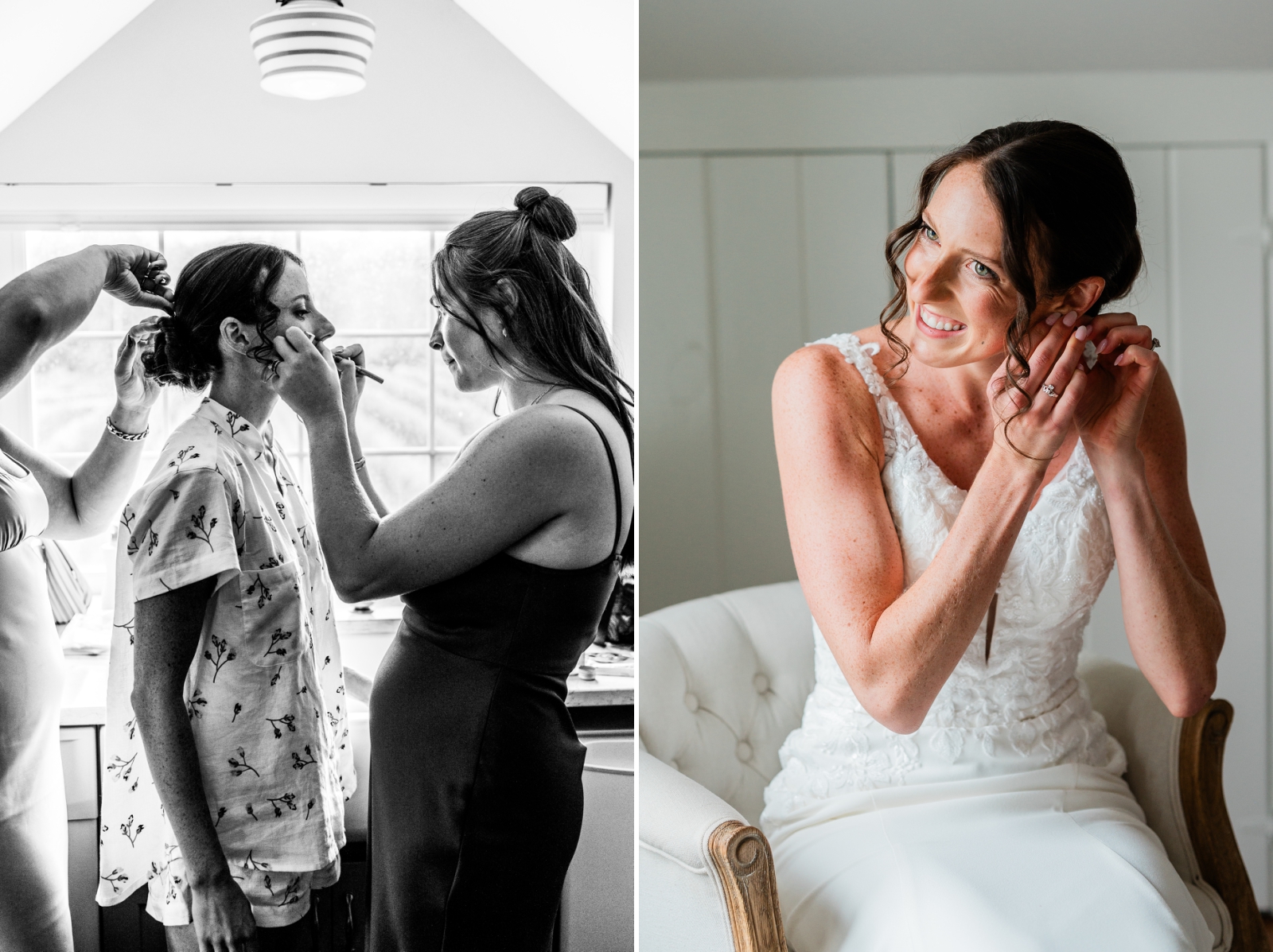 A black and white photo of a bridesmaid perfecting the bride's makeup before her ceremony at Jonathan Edwards Winery