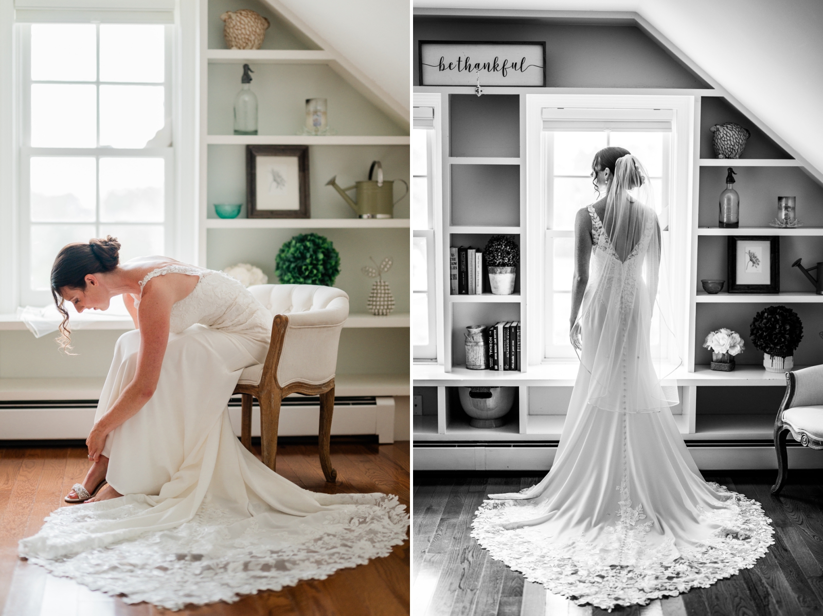 A bride putting on a pair of silver shoes before her wedding