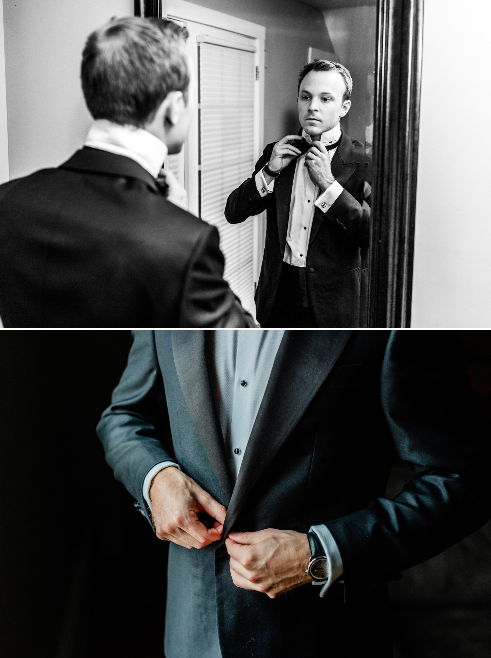 A groom tying his bowtie in the mirror before his first look with his bride at Jonathan Edwards Winery