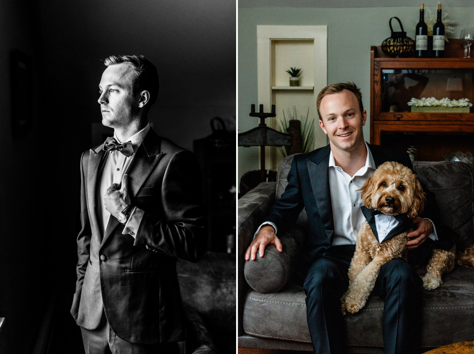 A groom and his dog, a golden doodle in a tuxedo, sit together before the wedding ceremony