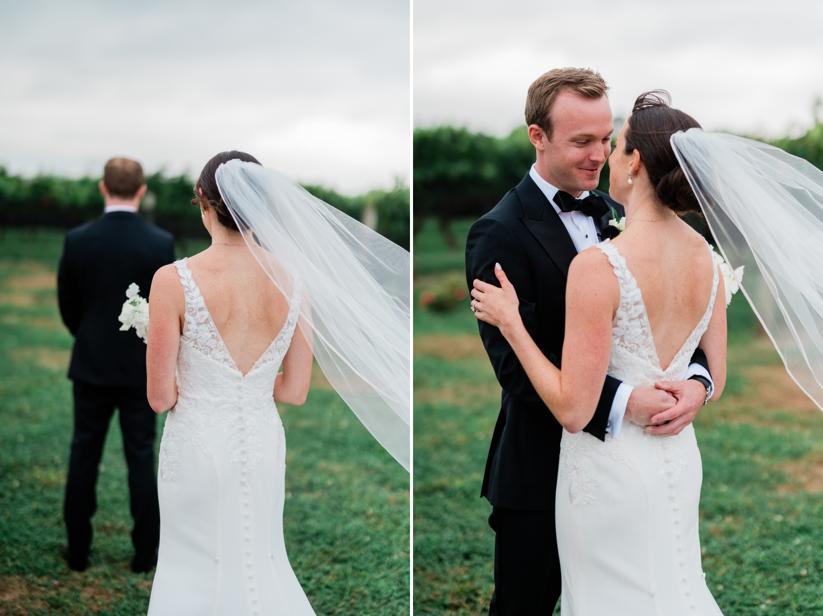 A first look between a bride and groom in the vineyards at Jonathan Edwards Winery