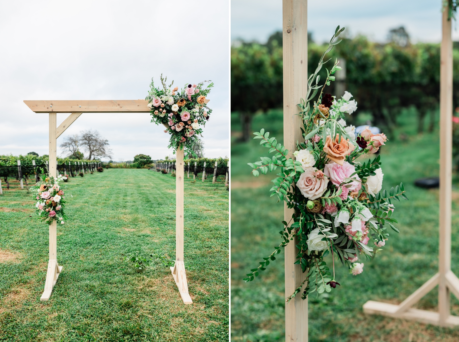 Detailed pictures of the floral arrangements decorating the arbor at a Jonathan Edwards Winery wedding