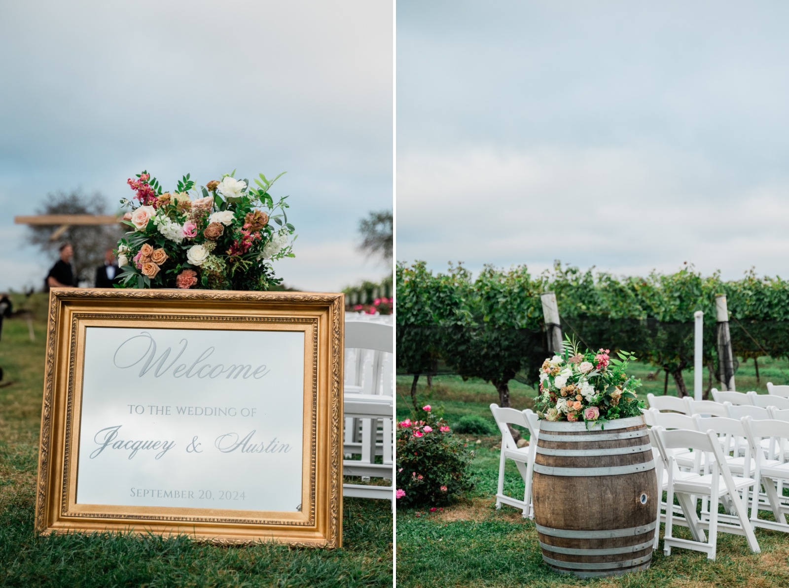A mirrored welcome sign greeting guests at the ceremony site 