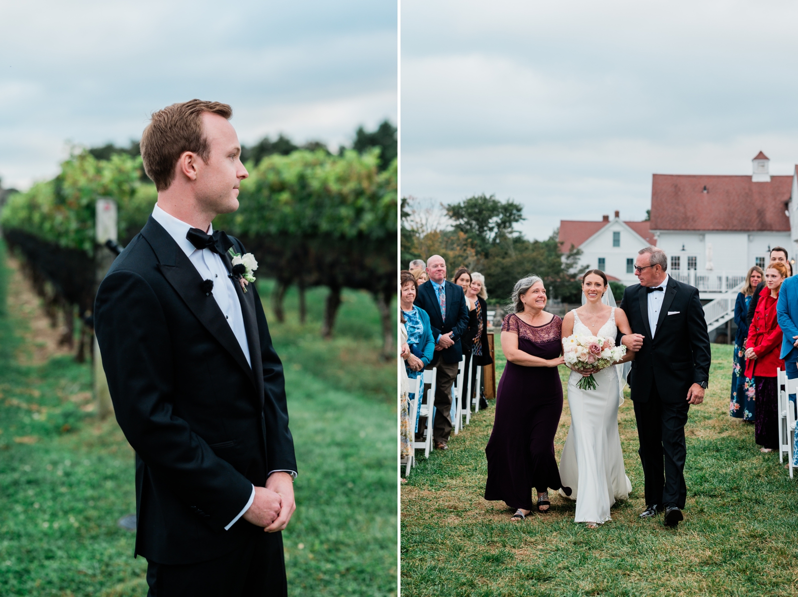 A bride walks down the aisle at Jonathan Edwards Winery accompanied by her mother and father