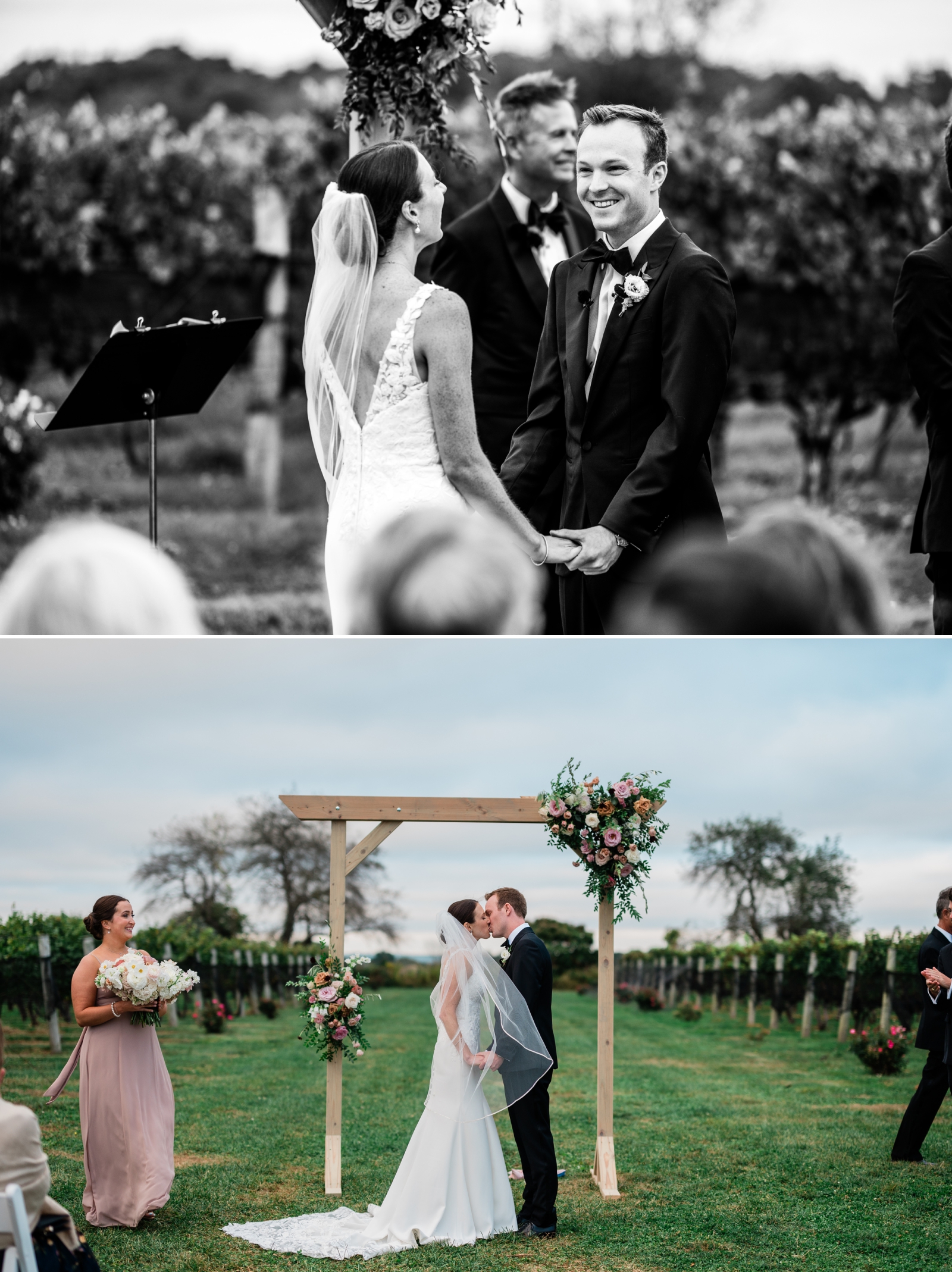 The bride and groom smile before their first kiss as husband and wife
