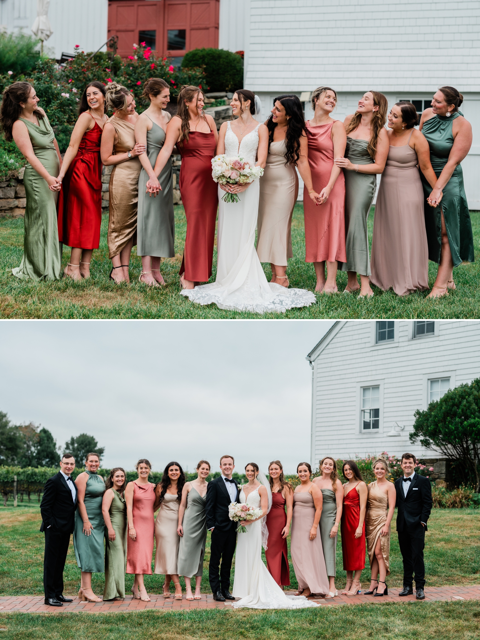 Portraits of the wedding party in shades of rust, grey, gold, and green