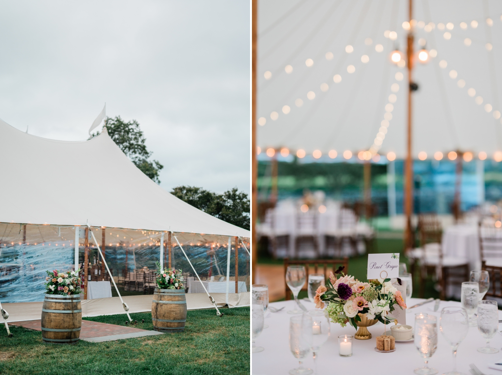 A large white tent decorated with string lights for a wedding reception at Jonathan Edwards Winery