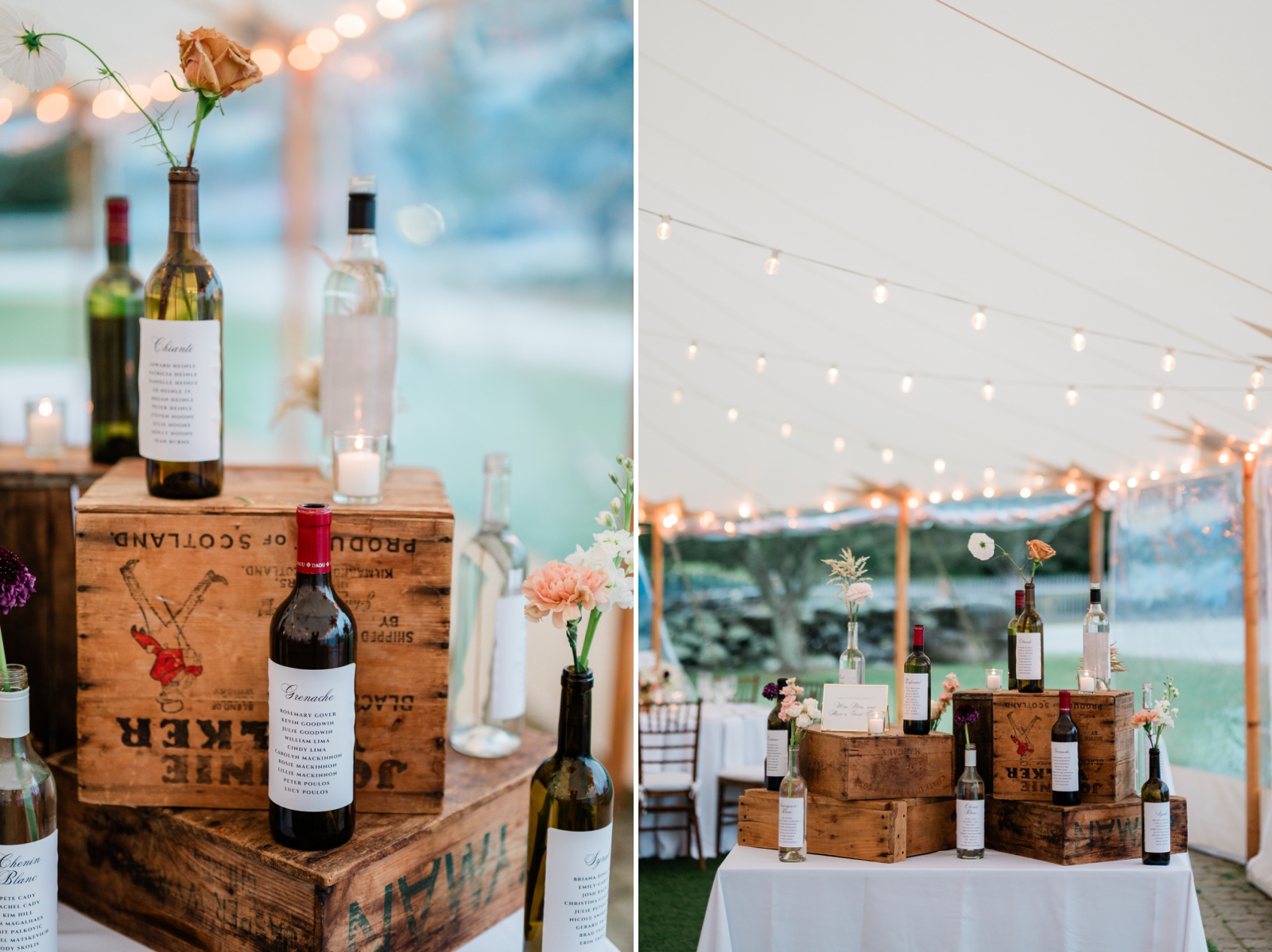 Wine bottles with handmade labels serving as seating charts for a winery wedding in Connecticut