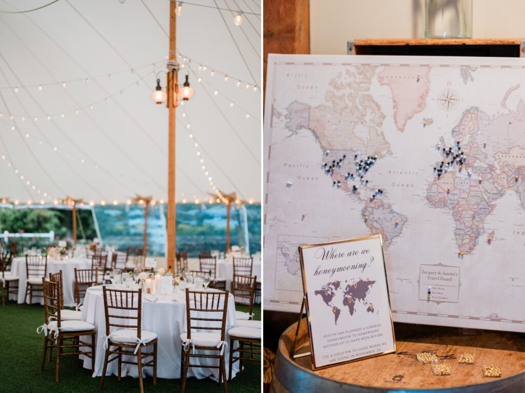 A tented wedding reception with round tables at Jonathan Edwards Winery