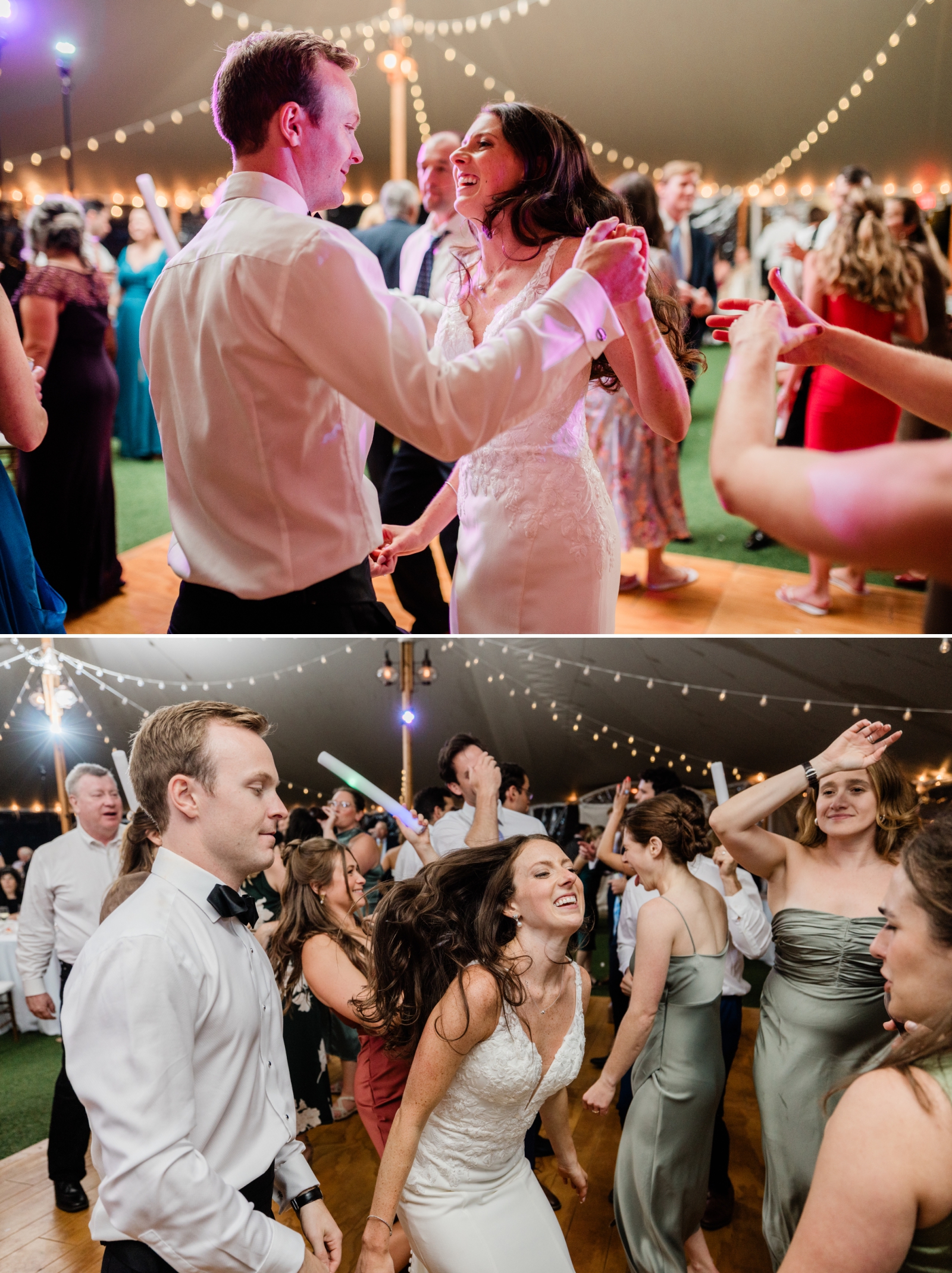 The bride and groom dance in the middle of the dance floor, surrounded by guests with light-up wands 