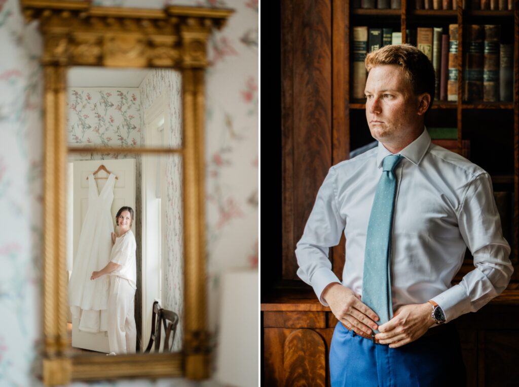 A bride and groom get ready for their wedding in the historical home at Stone Acres Farm