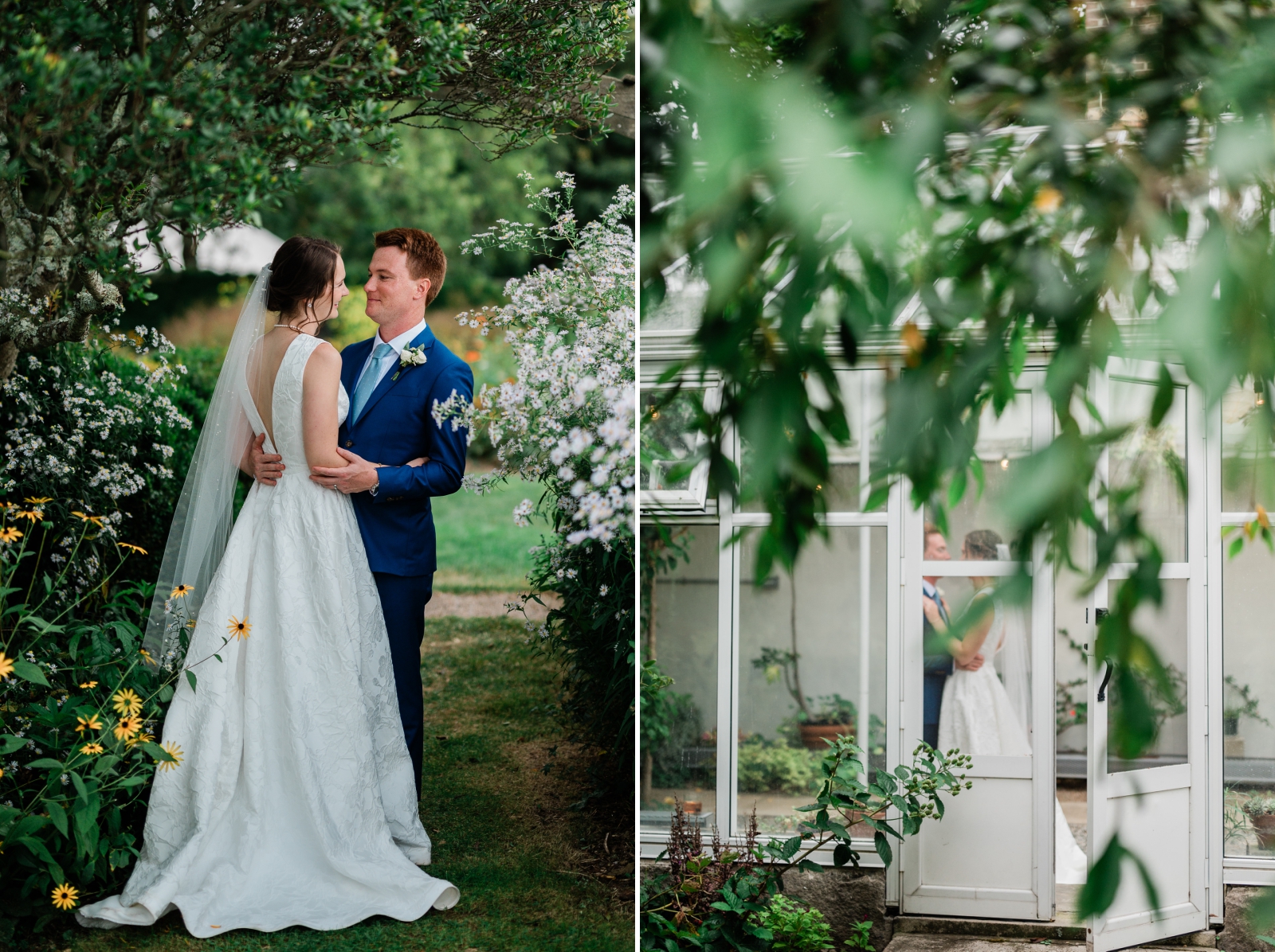 Couple's portraits around the gardens of an outdoor wedding venue in New England