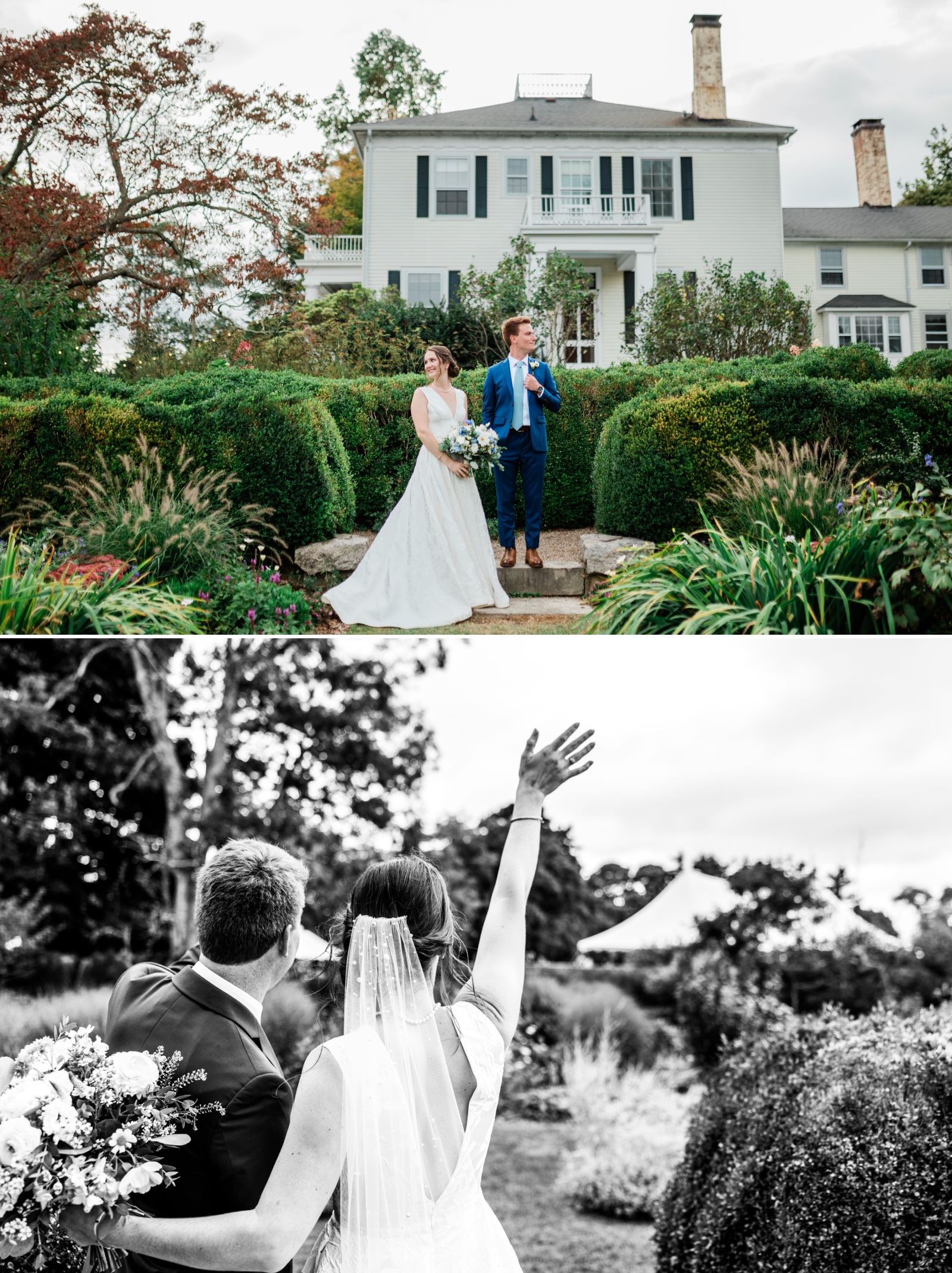 A wedding couple poses in front of the white historic home at Stone Acres Farm