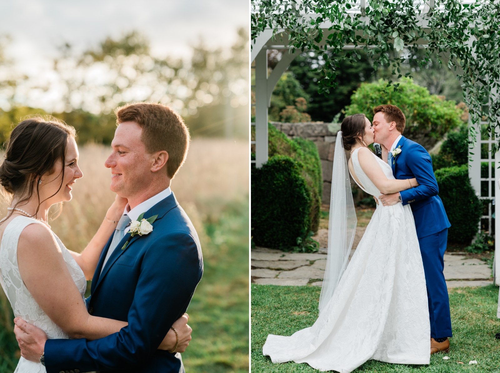 A bride and groom kiss under the arbor at Stone Acres Farm