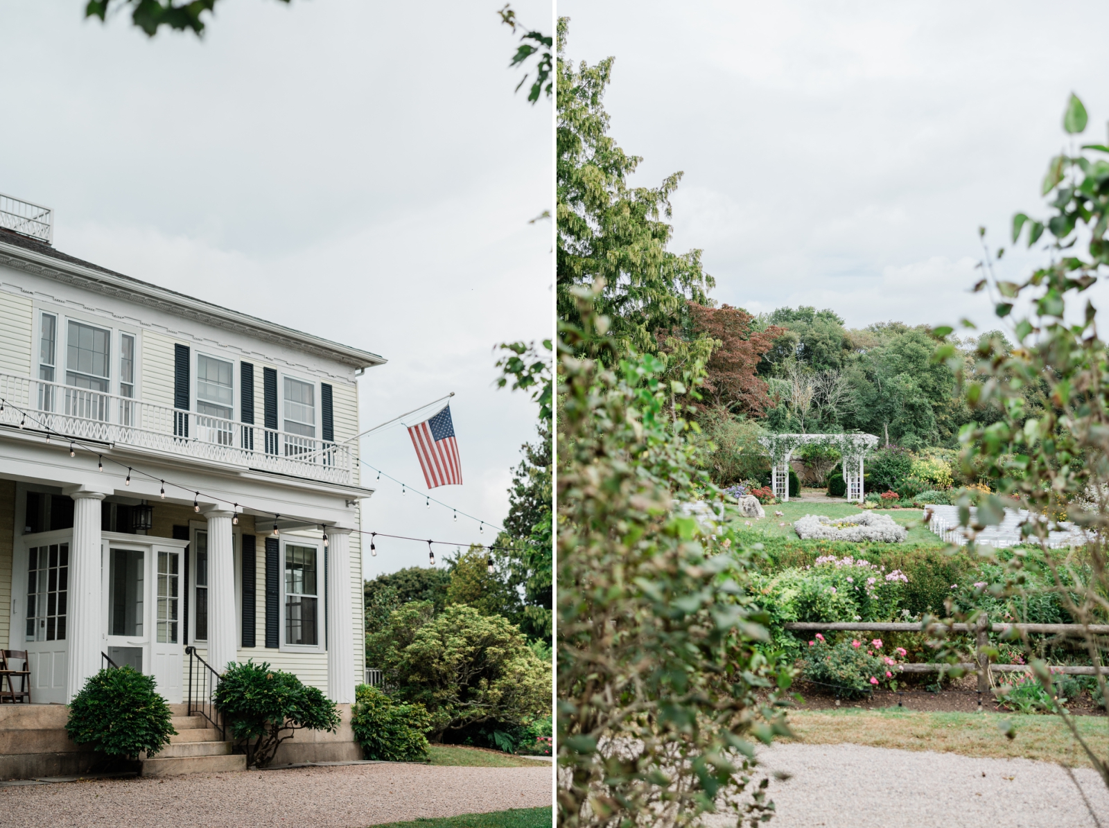 A distant shot of the sunken garden ceremony space at Stone Acres Farm