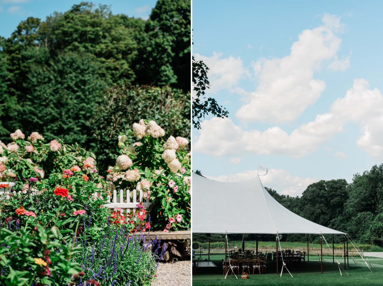Flowers blooming in red, pink, white, and yellow along a white picket fence at an outdoor wedding venue in New England