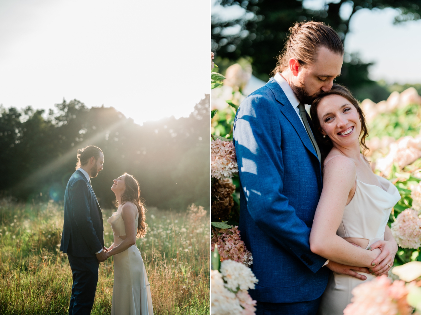 A couple takes wedding portraits among pink hydrangeas at Smith Farm Gardens