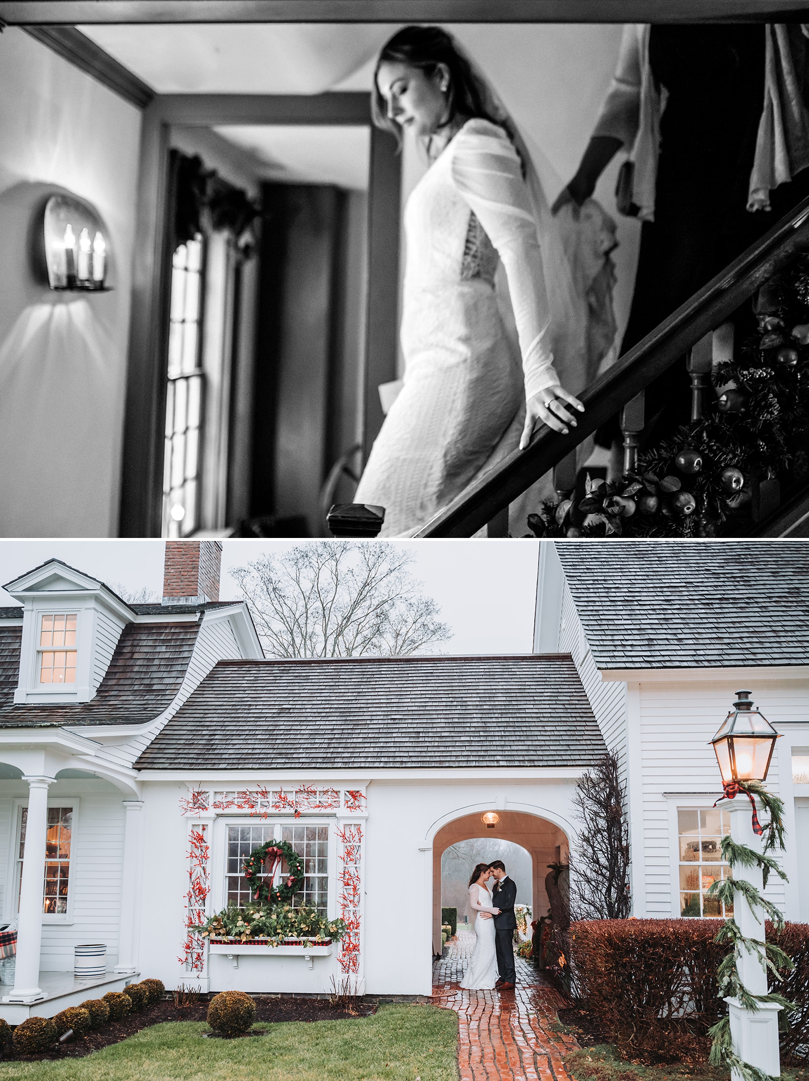 A bride and groom kiss in the entryway to Smith Farm Gardens around Christmastime