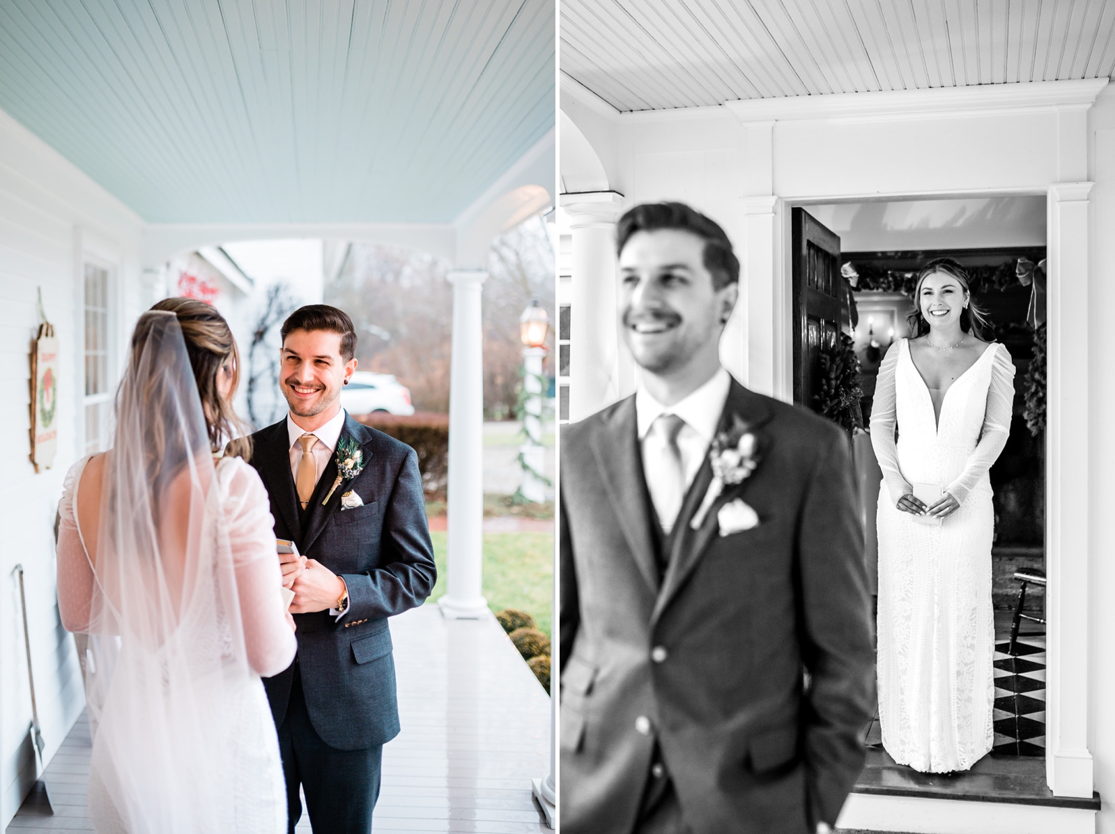 A first look on the porch of an outdoor wedding venue in the winter