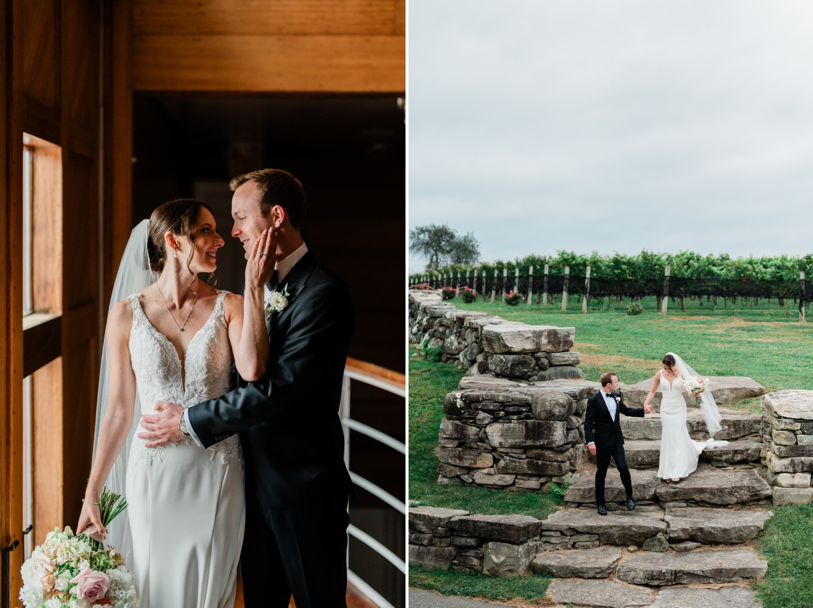 Wedding portraits of a bride and groom walking down stone steps outside of a vineyard