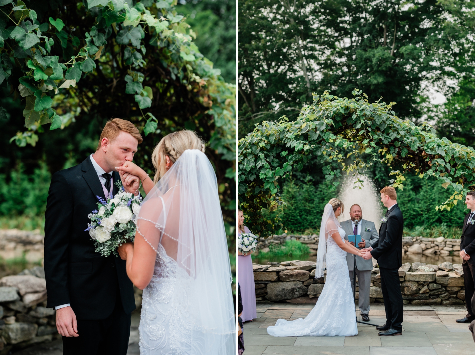 A couple gets married beneath a vine-covered trellis at an Outdoor wedding venue in New England, the Salem Herbfarm