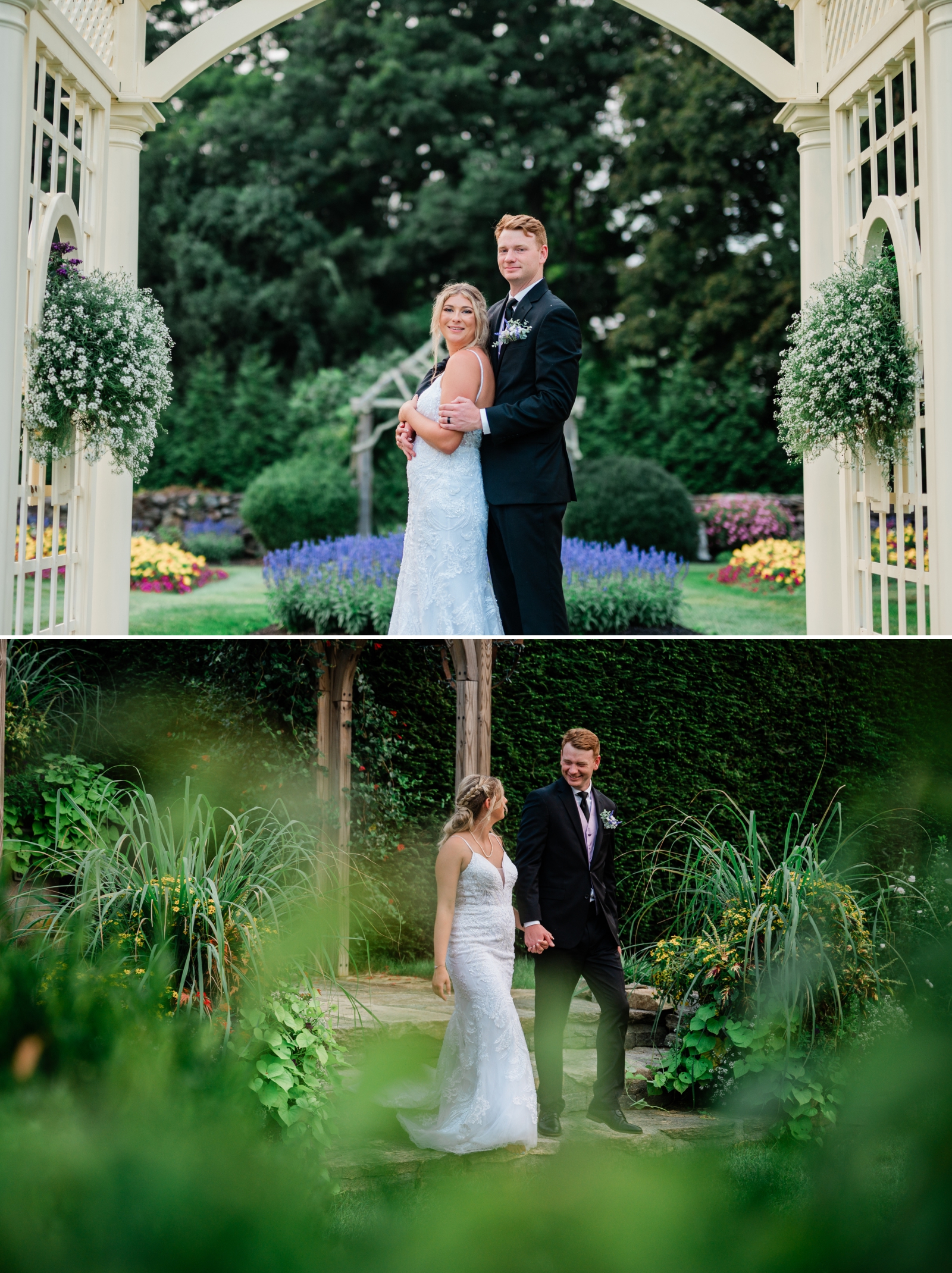 Couple's portraits around the blooming gardens at Salem Herbfarm