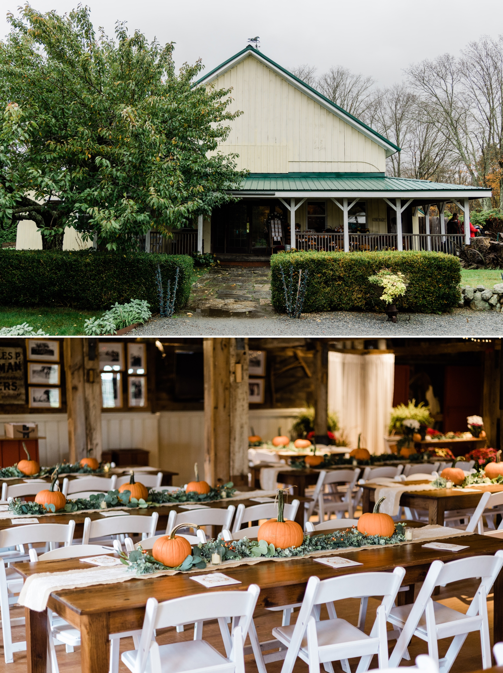 A wedding reception space decorated for fall with mini pumpkins at each place setting