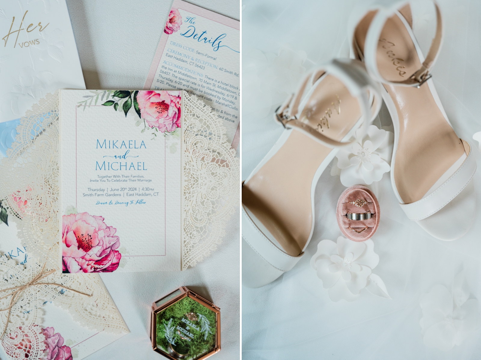 Handmade wedding invitations with a rose gold diamond engagement ring and wedding band