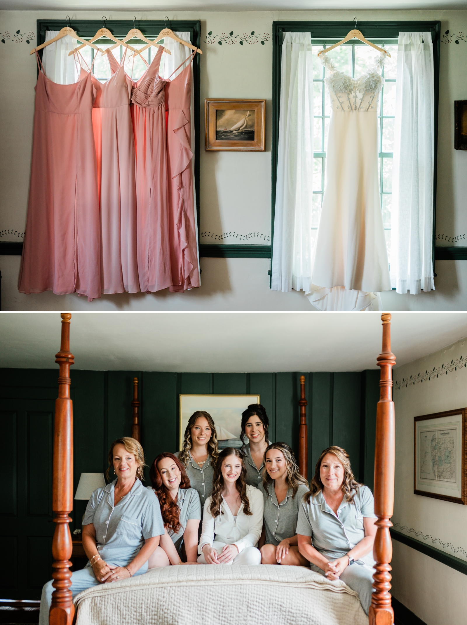 A bride with her bridesmaids, the mother of the bride, and the mother of the groom getting ready at Smith Farm Gardens