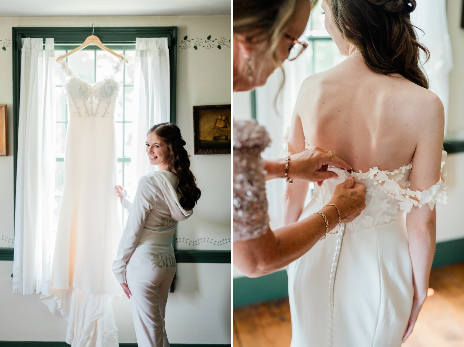 The mother of the bride fastens the buttons on the bride's white applique off-the-shoulder wedding gown