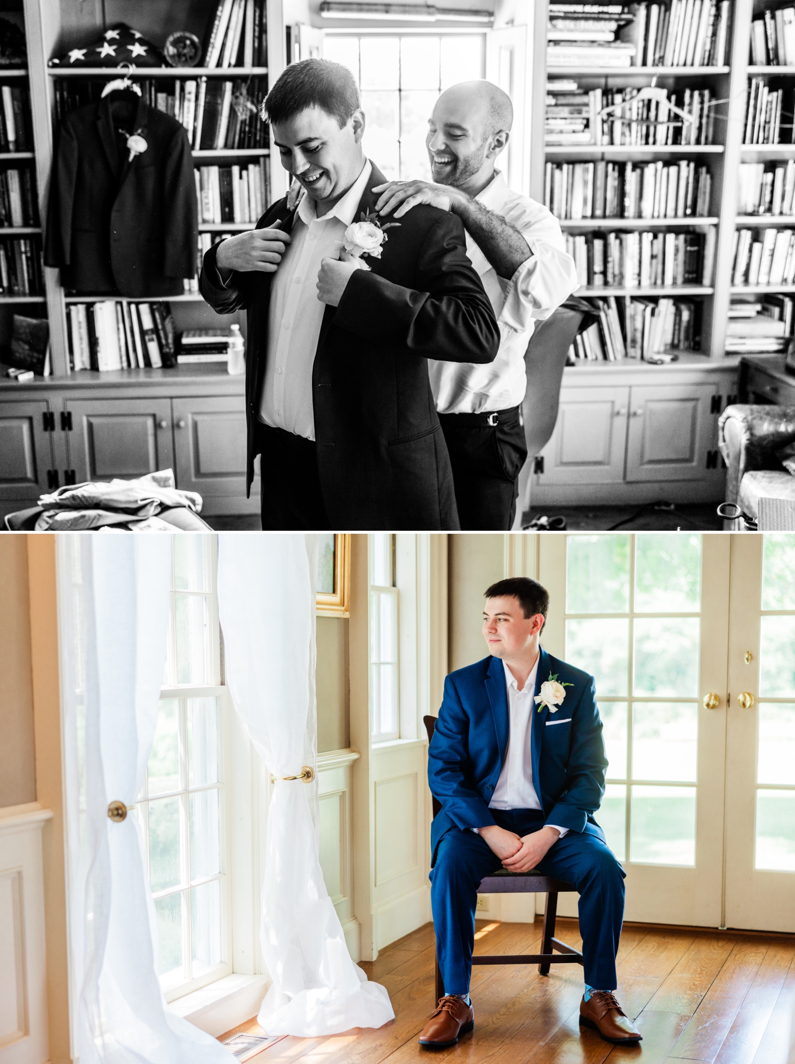 A groomsman helps the groom into his navy blue suit jacket in the library of Smith Farm Gardens