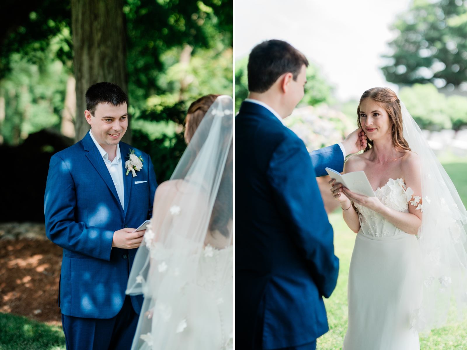 A bride and groom exchange private vows by the hydrangea bushes at Smith Farm Gardens