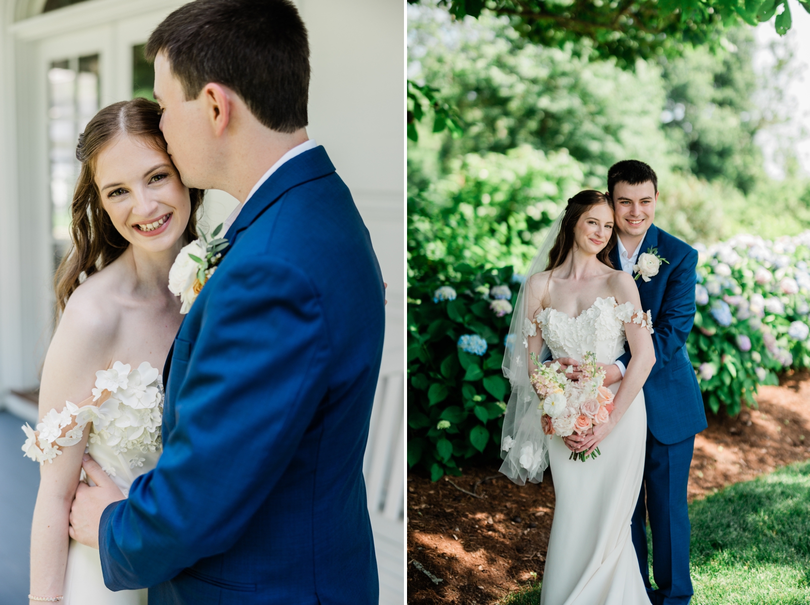 Pre-ceremony bride and groom portraits on the porch of the Smith Farm Gardens historic home