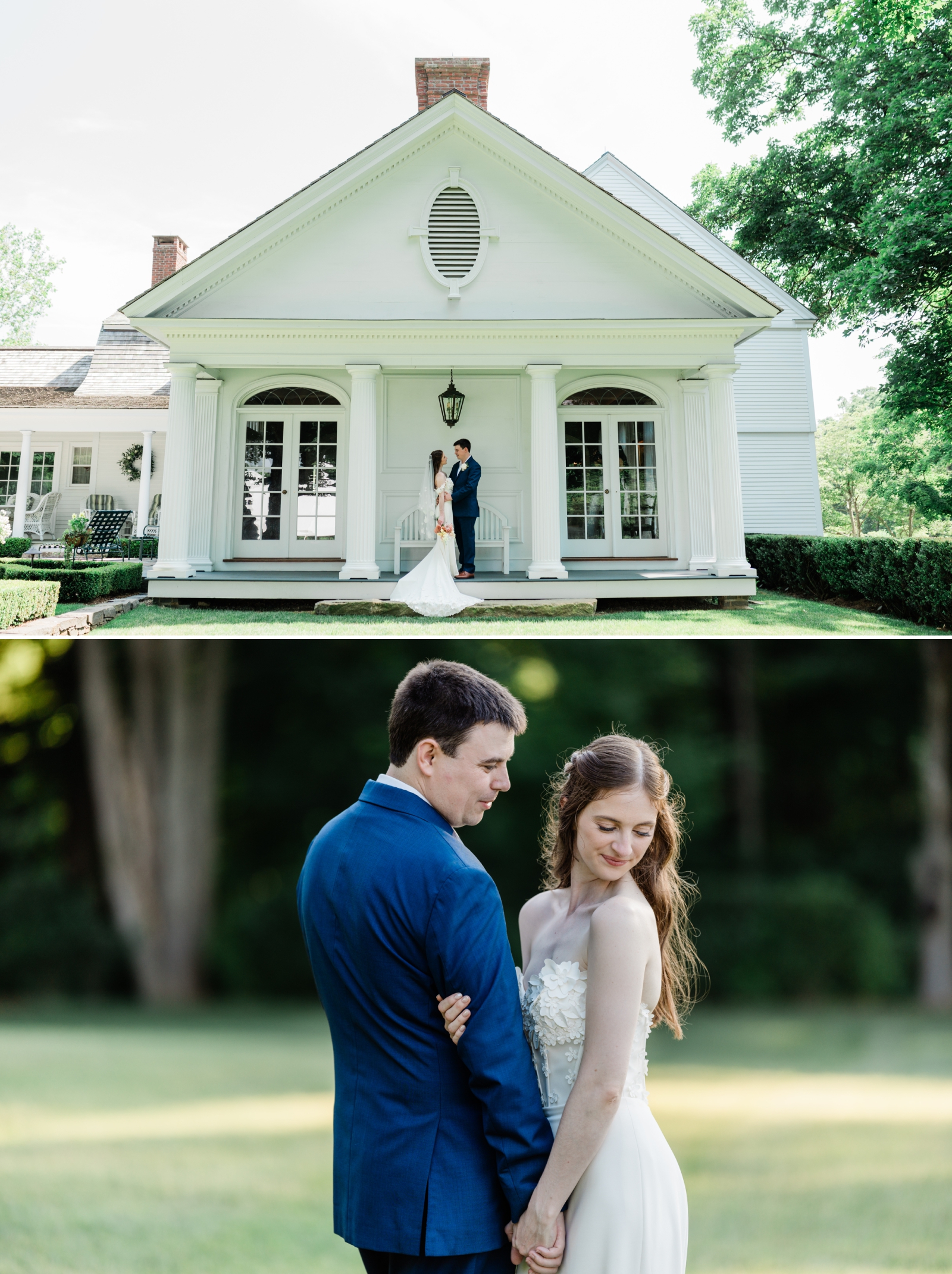 Couple's portraits on a green lawn at Smith Farm Gardens