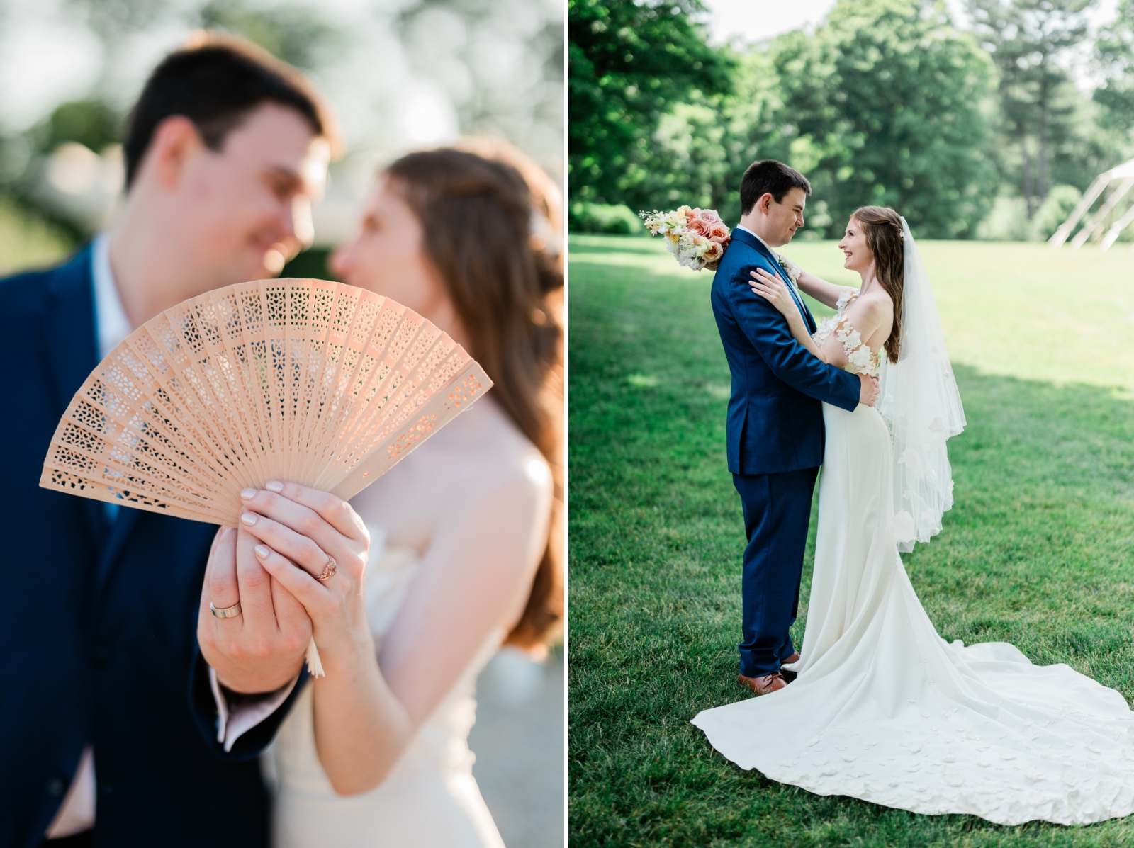 A close up shot of a bride and groom's wedding rings as they hold a bamboo fan