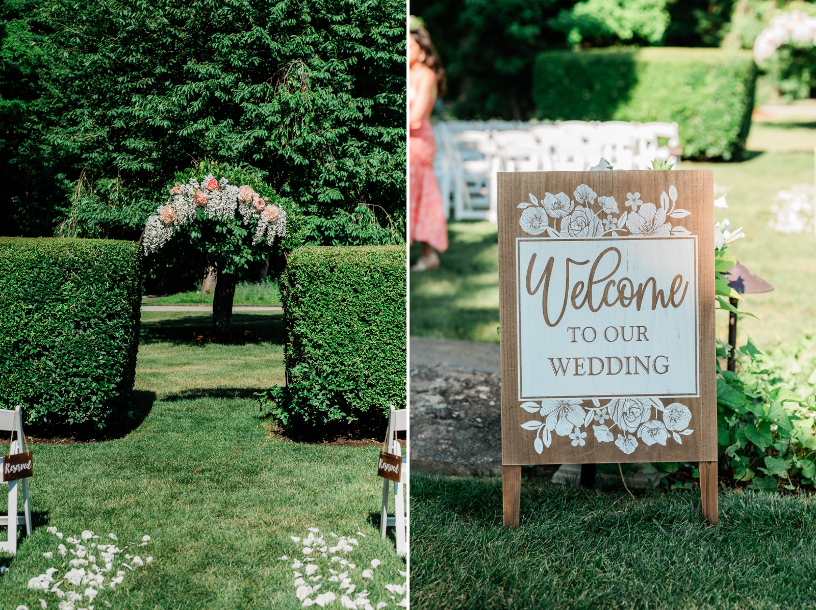 An arch decorated with faux and real white and pink flowers at Smith Farm Gardens