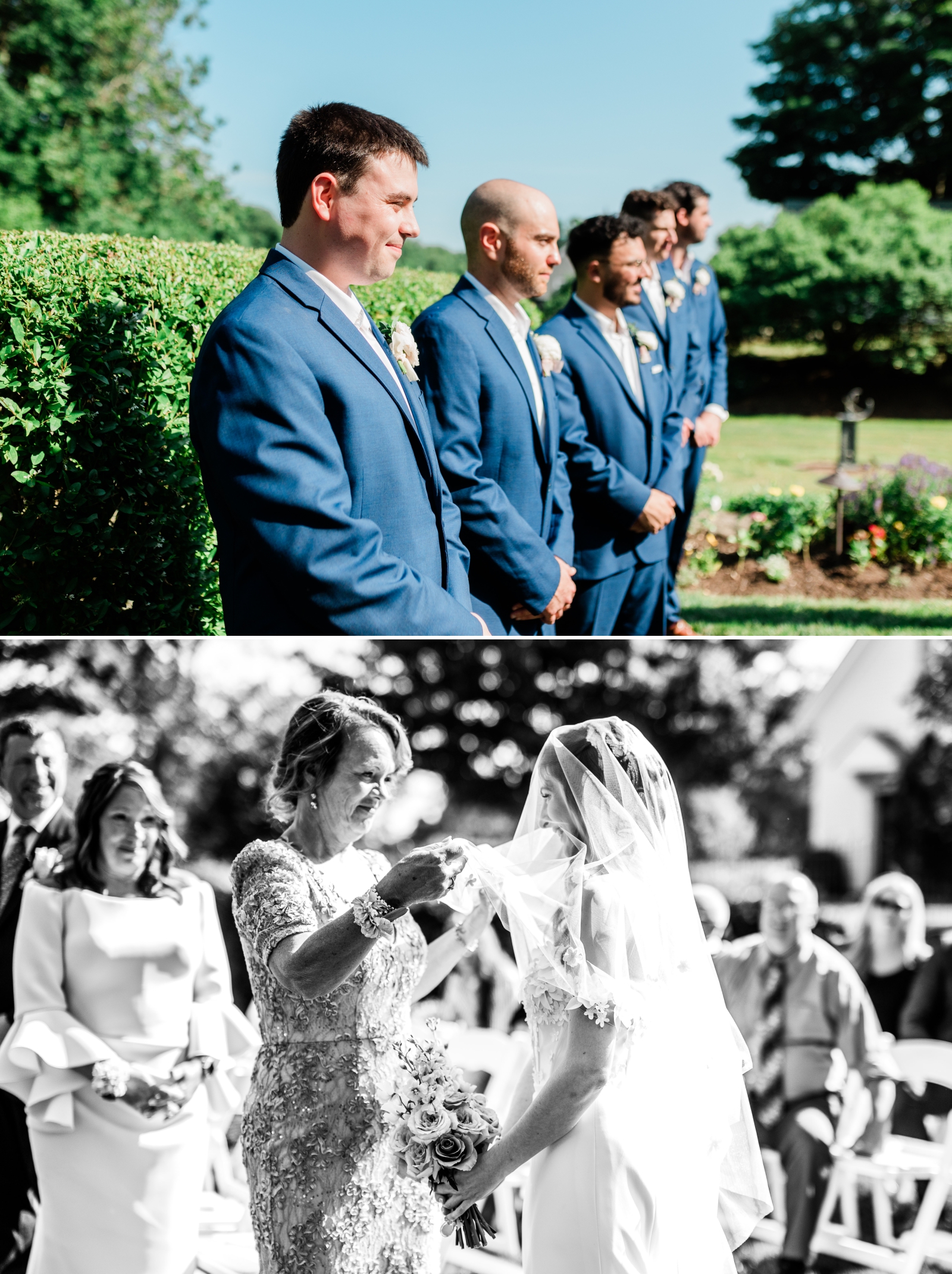The groom smiles emotionally as the mother of the bride raises the bride's veil