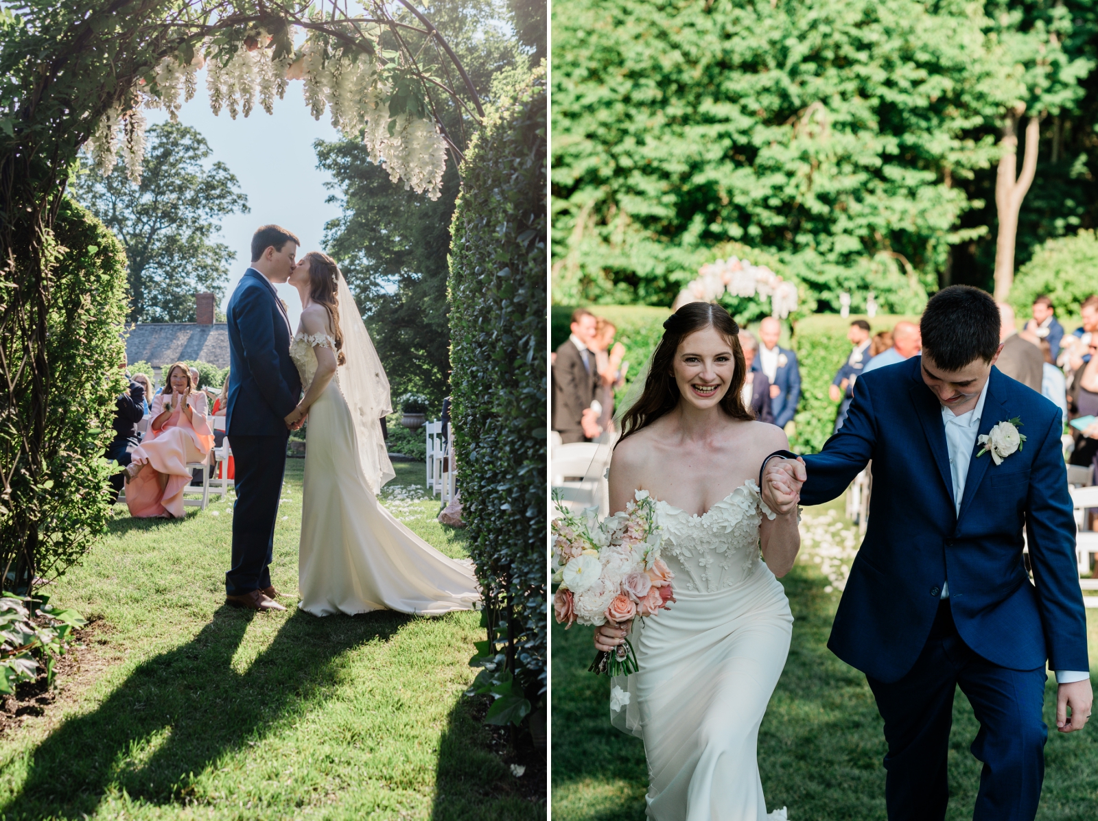 The bride and groom share their first kiss beneath a floral archway at Smith Farm Gardens