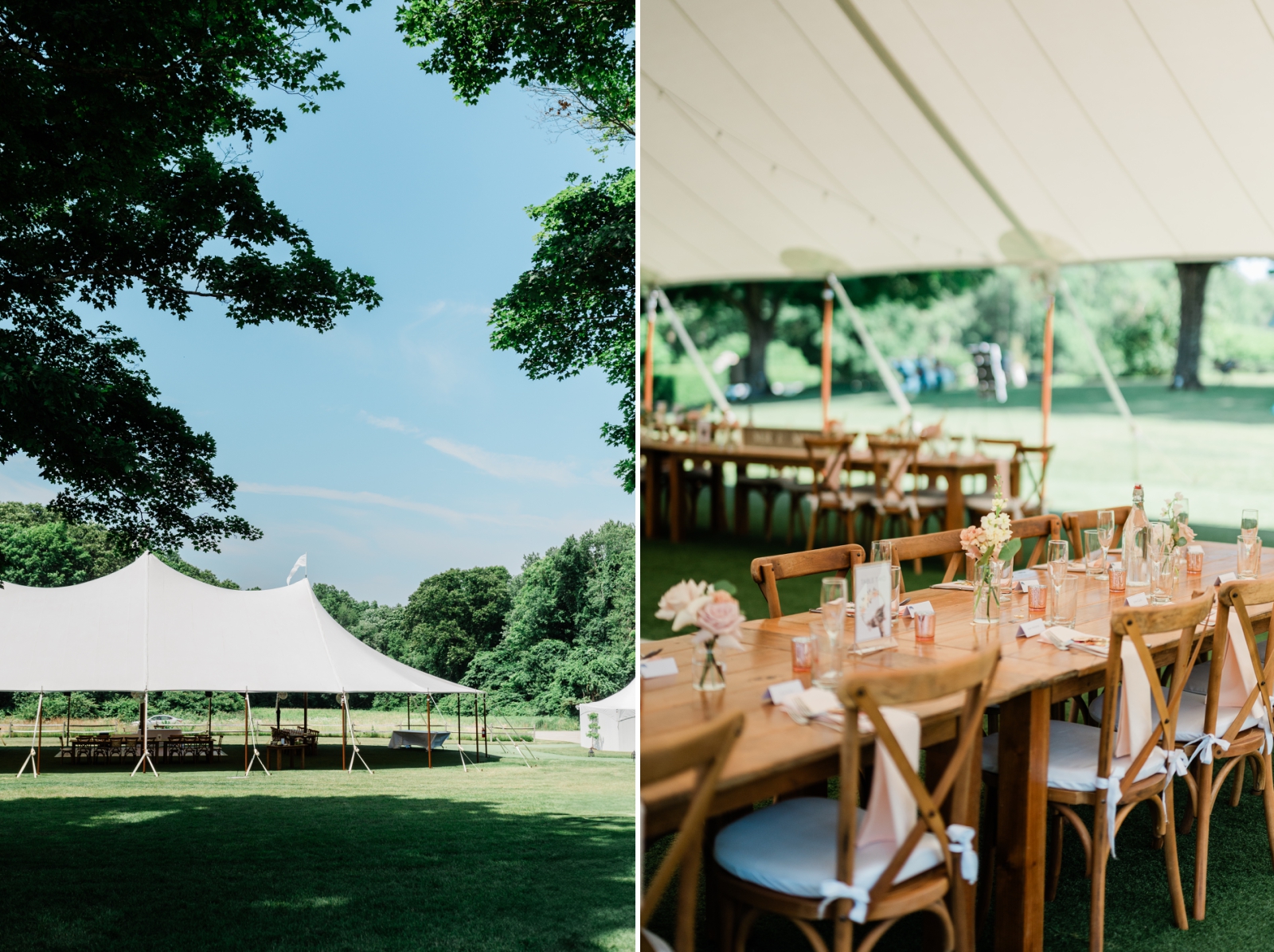 A white tented wedding reception with long, rectangular wooden tables