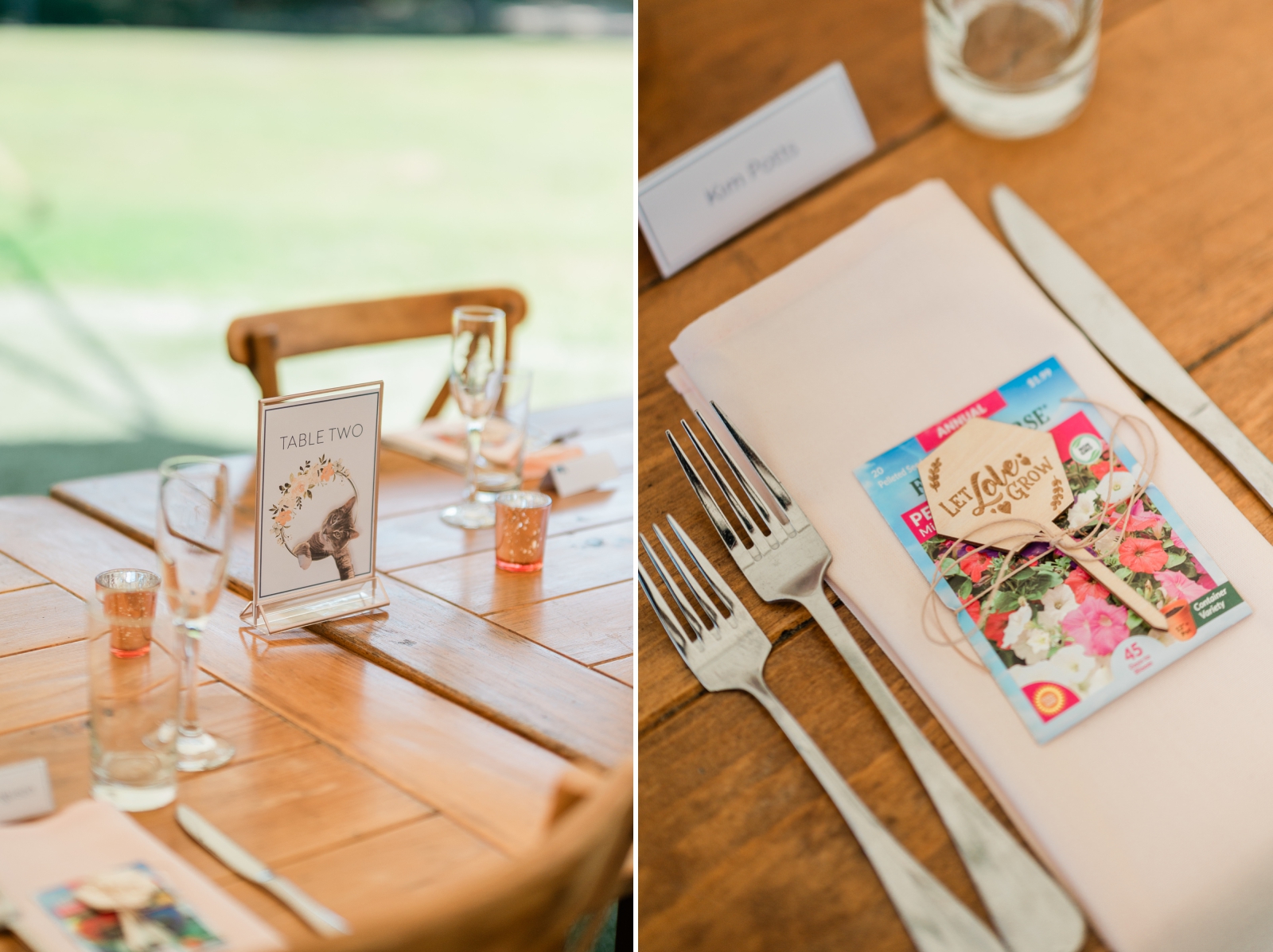 Seed packets lay on pink napkins at a tented wedding reception at Smith Farm Gardens