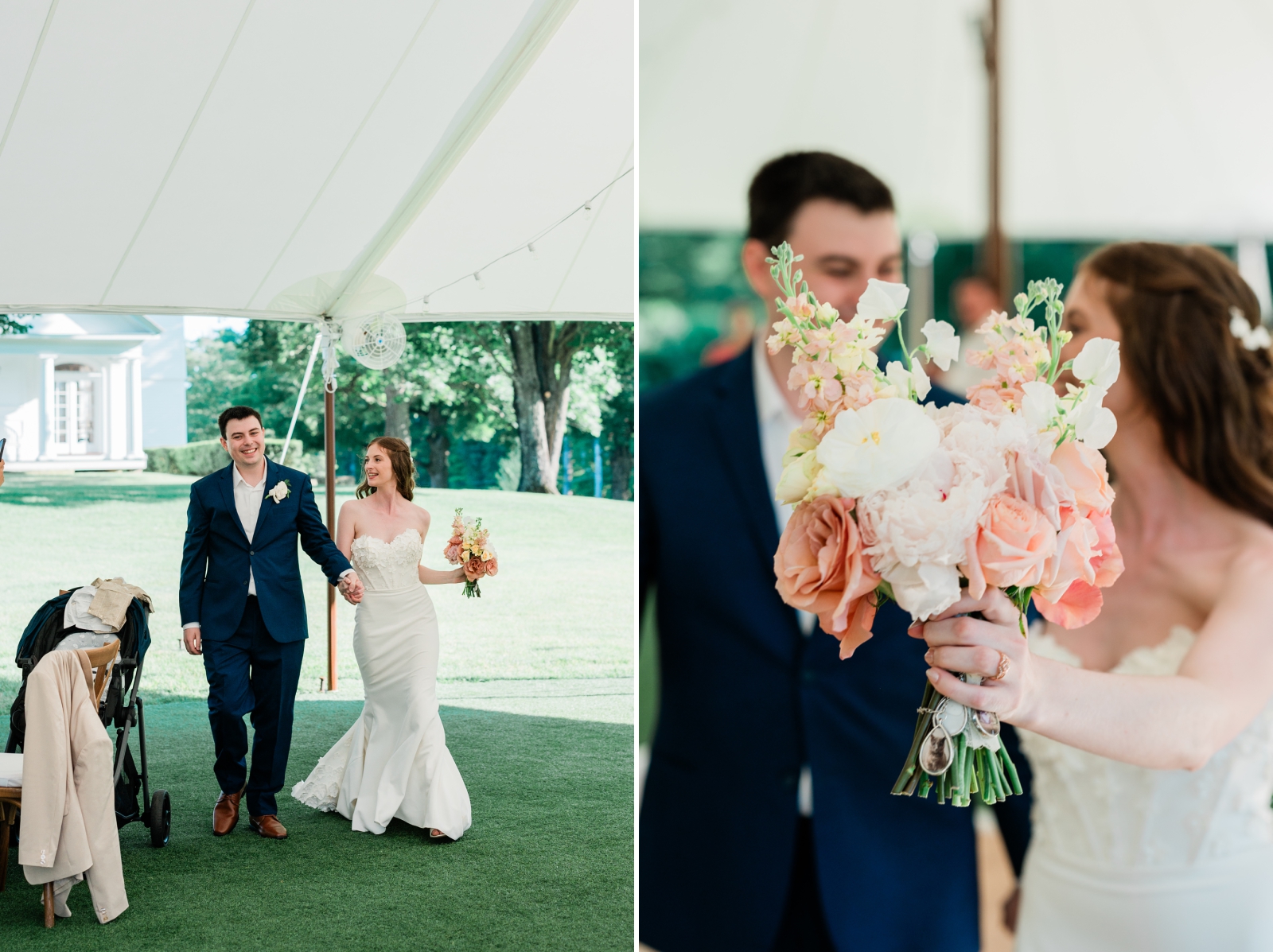 The bride and groom enter the tented wedding reception while guests cheer.