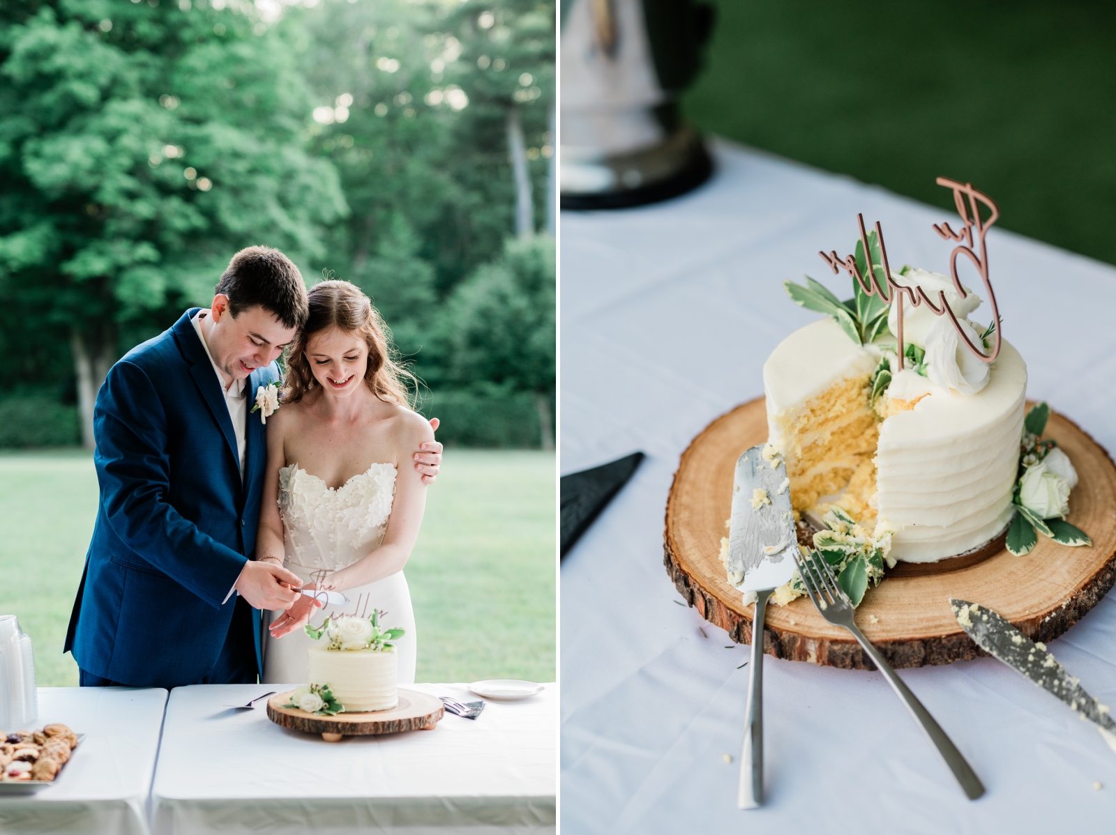 The bride and groom slice a small, white wedding cake